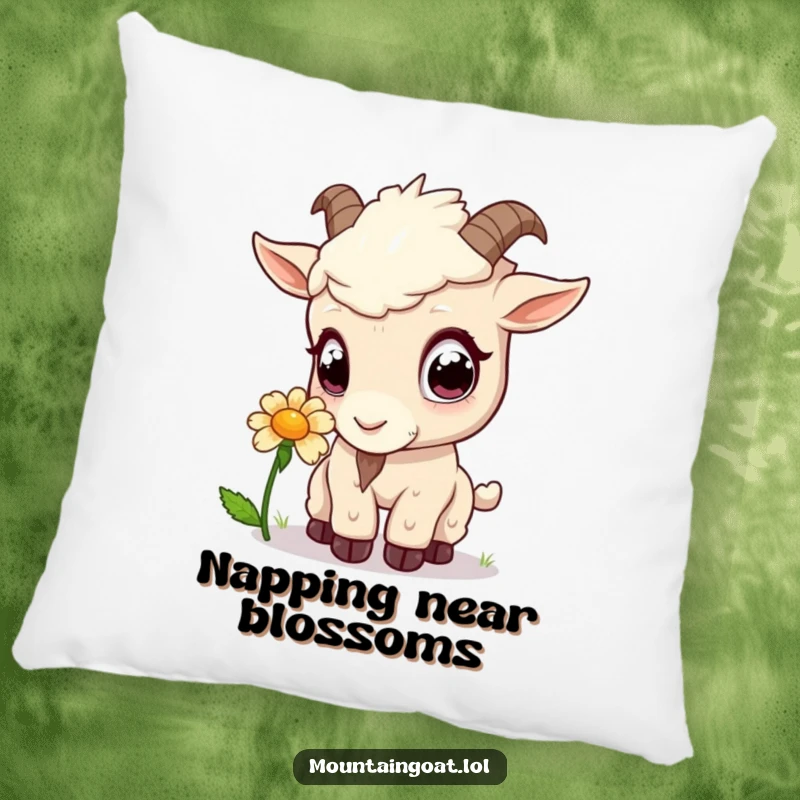 Funny kawaii mountain goat with curious eyes sniffing a flower, printed on a soft and cozy decorative pillow.