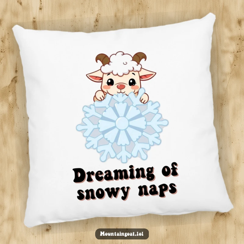 Funny Goat Snowflake Pillow: A soft pillow with a curious kawaii goat peeking over a giant snowflake, bringing cozy humor.