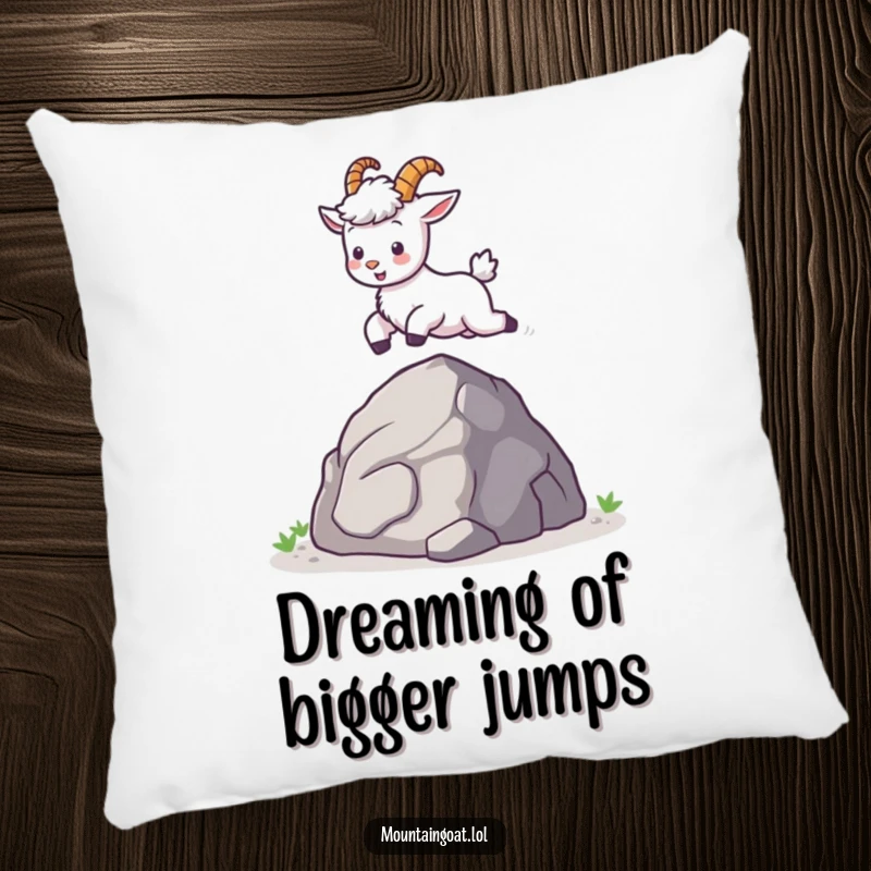 Funny kawaii mountain goat leaping joyfully over a rock, a soft and comforting pillow for a touch of humor.