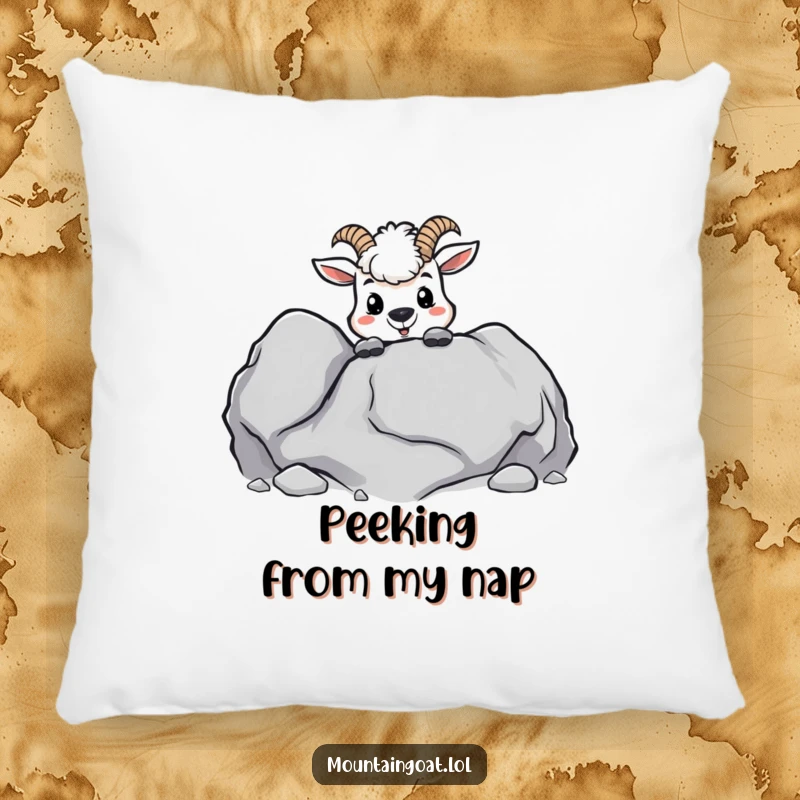 Funny kawaii mountain goat peeking mischievously from behind a boulder, on a soft, decorative pillow.