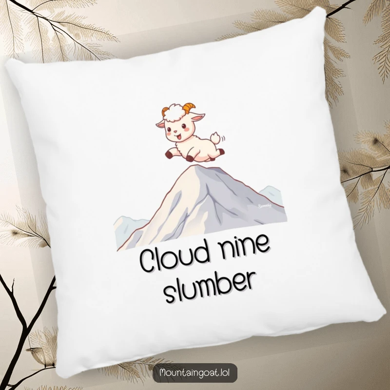 Funny kawaii mountain goat skipping on clouds, offering a cozy and whimsical touch to a decorative pillow.