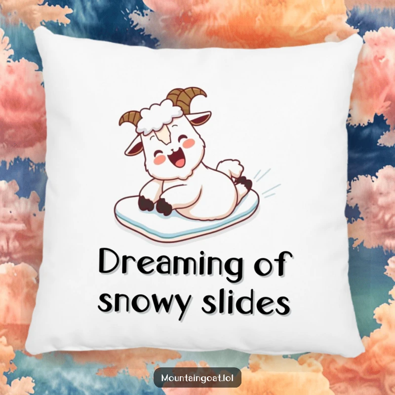 Funny Pillow: A mountain goat enjoys a belly slide down a snowy hill, a cozy and humorous accent piece.