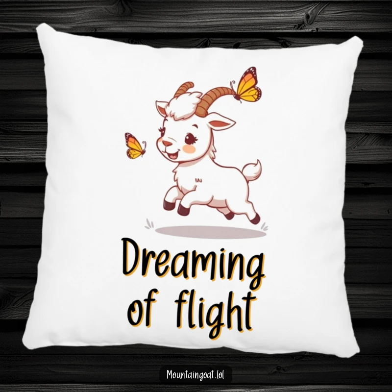 Funny mountain goat pillow featuring a playful character chasing a butterfly, offering comfort with a whimsical and humorous design.