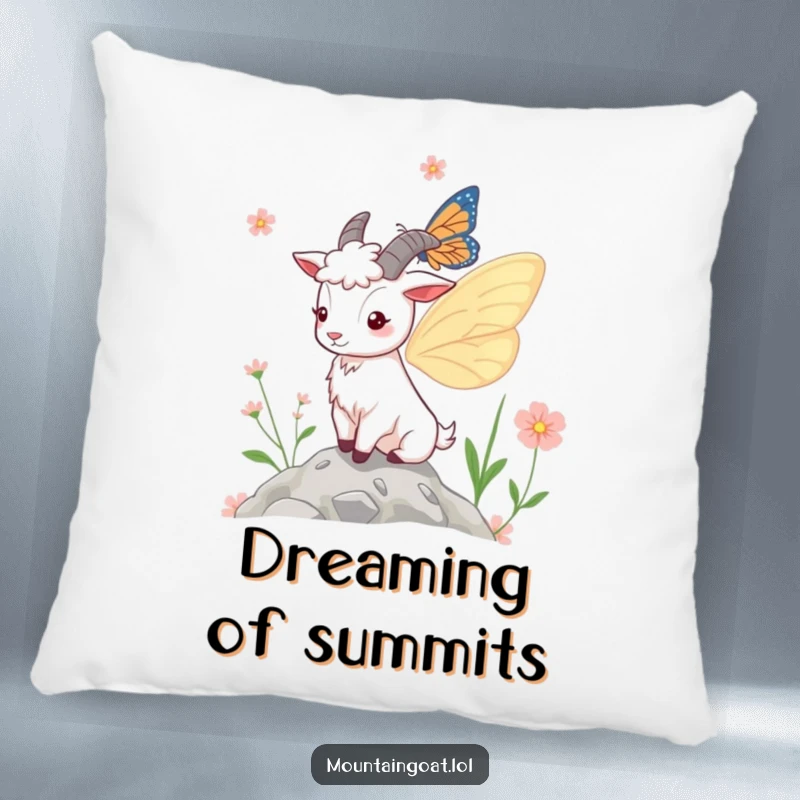 Funny Pillow: A soft cushion displaying a whimsical mountain goat with charming butterfly wings, nestled amongst mountain flowers, adding cozy humor.