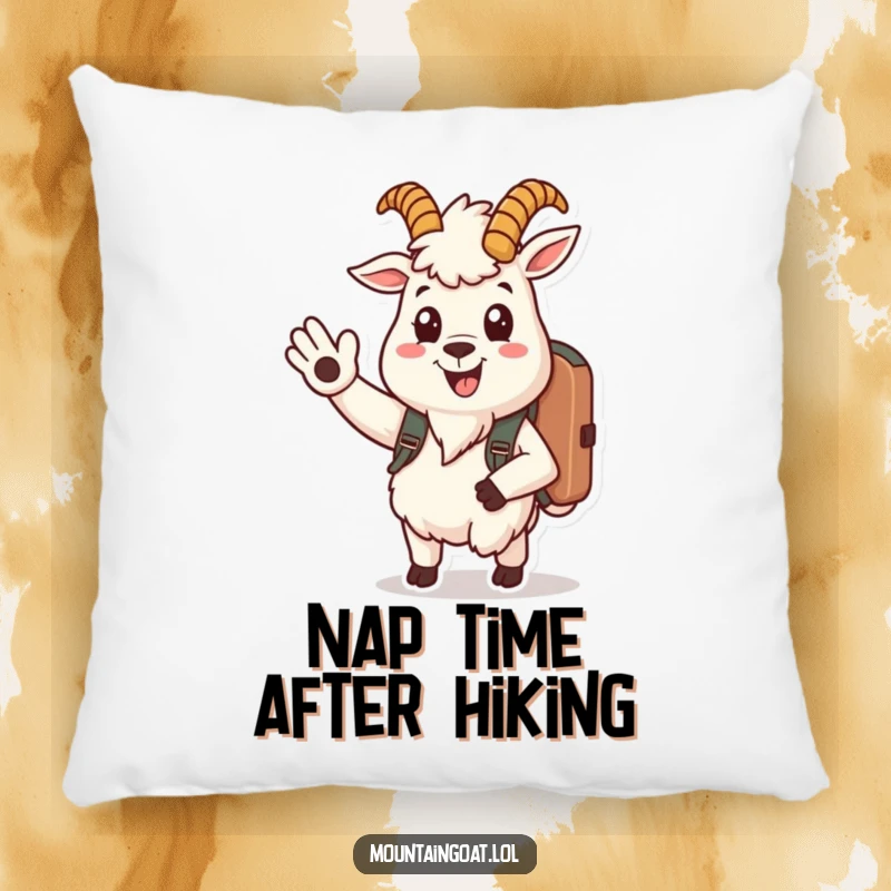Funny mountain goat pillow shows a cheerful goat character with a backpack, smiling and waving, perfect for cozy decor.