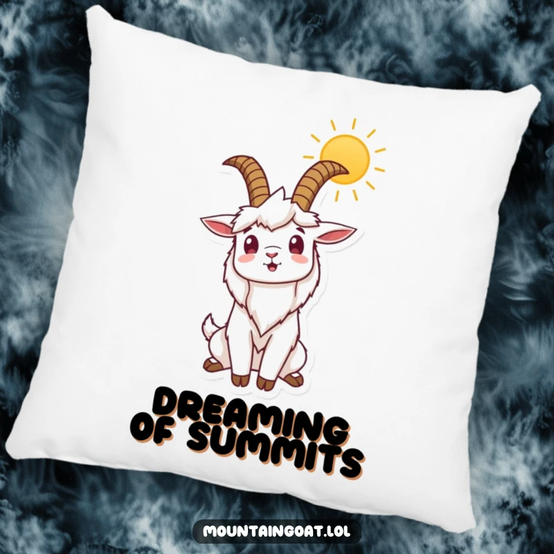 Funny pillow with a mountain goat character stretching horns towards the sun, offering comfort and a touch of humorous, uplifting decor.