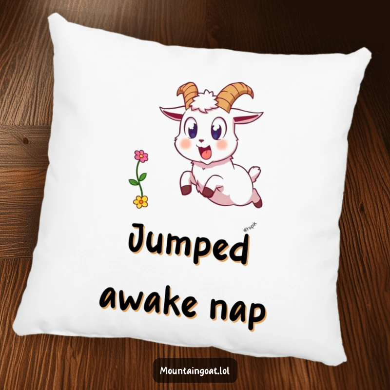 Funny goat reaction pillow, a startled mountain goat leaping backward, dropping a flower, adding whimsical surprise to decor.