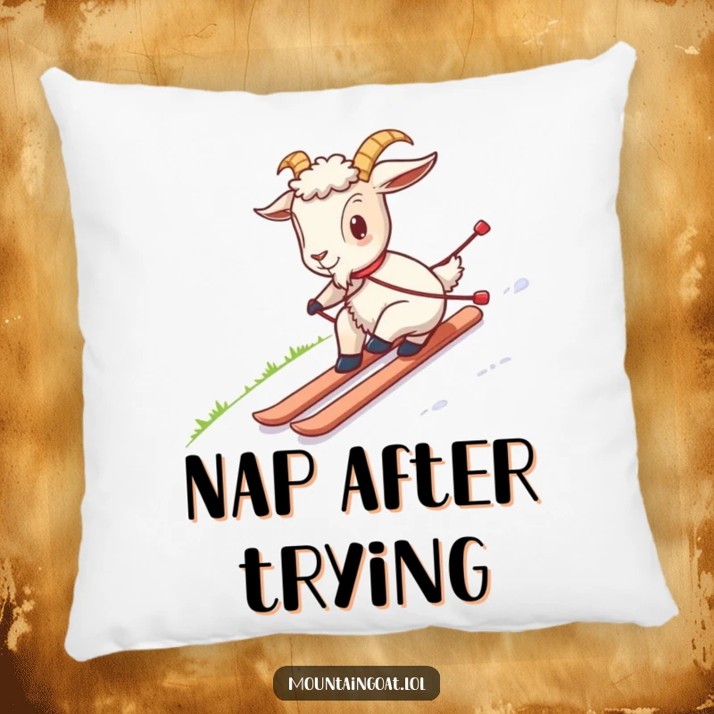 Funny pillow design showing a goat awkwardly skiing on grass, offering soft comfort and a humorous visual for any room.