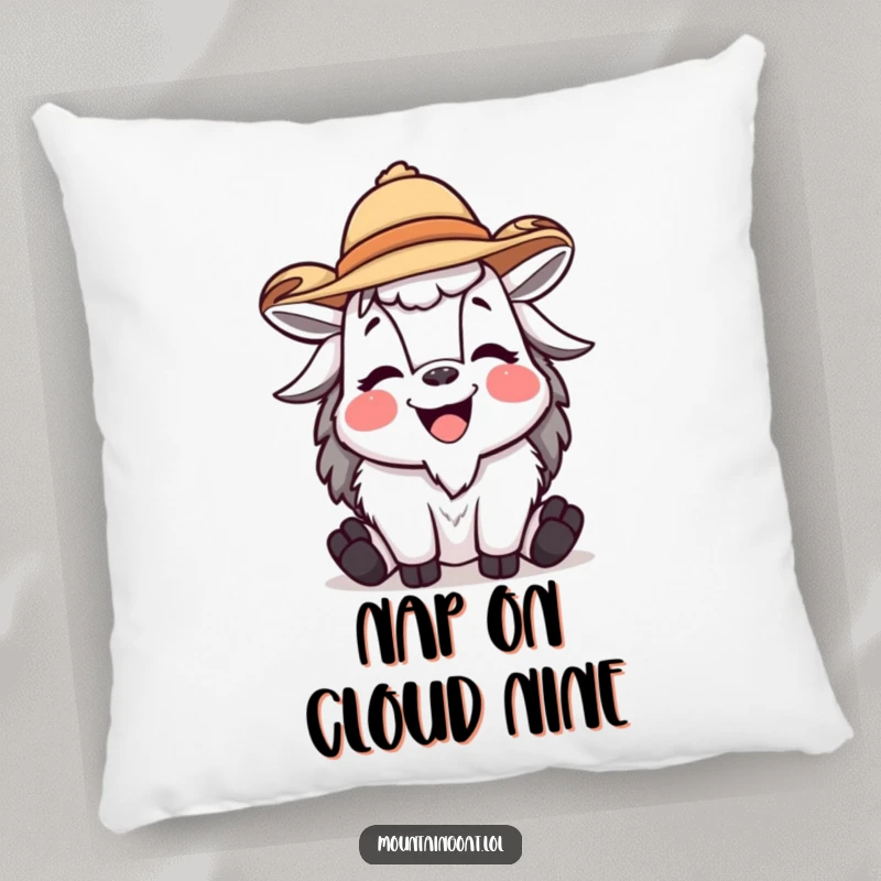 Funny mountain goat pillow featuring a laughing character in a jaunty hat, offering comfort and a playful, humorous design.