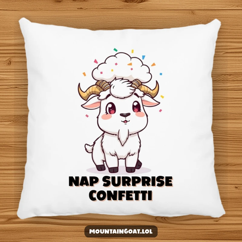 Funny Pillow: A surprised mountain goat is decorated with confetti from a tiny cloud, a fun accent.