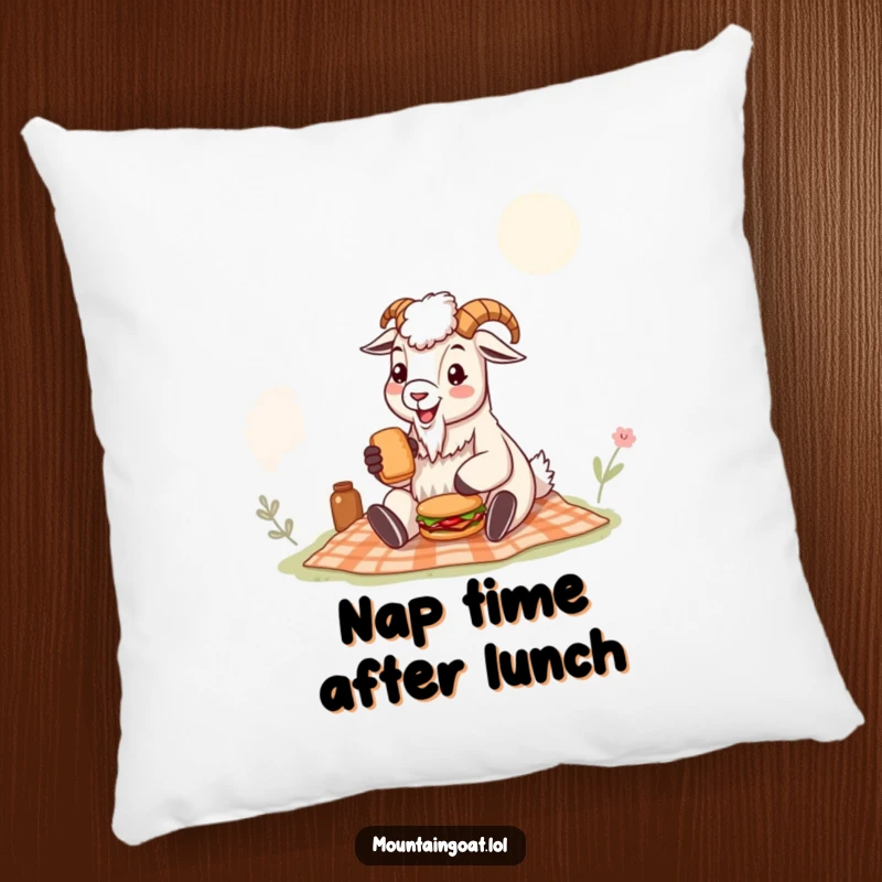 Funny mountain goat pillow featuring a happy goat enjoying a picnic with a tiny sandwich, offering a cozy and humorous decorative accent.