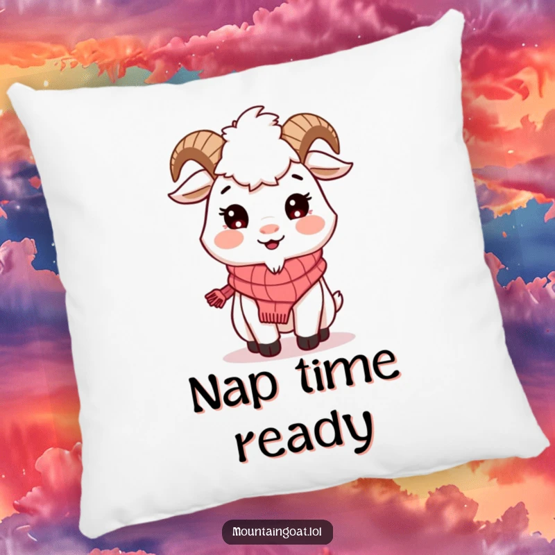 Funny Mountain Goat Scarf Pillow: A smiling goat with a knitted scarf offers a soft and welcoming decorative touch.