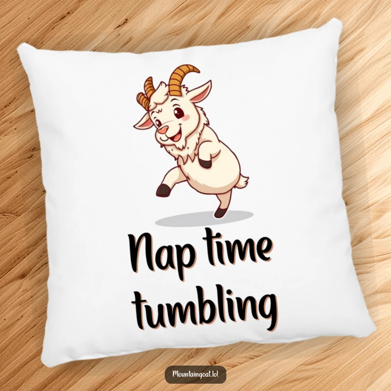 Funny mountain goat pillow, a grinning character attempting a clumsy somersault, bringing comfort and humor to any cozy space.