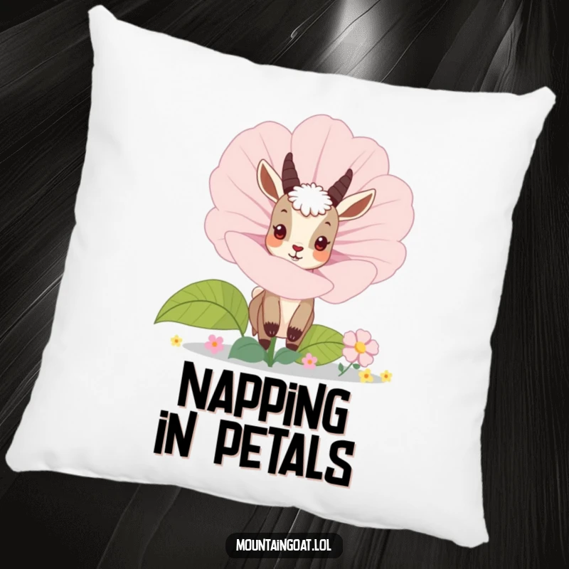 Funny mountain goat peeking from behind a large blooming flower, featured on a soft, decorative pillow. Cute and cuddly.