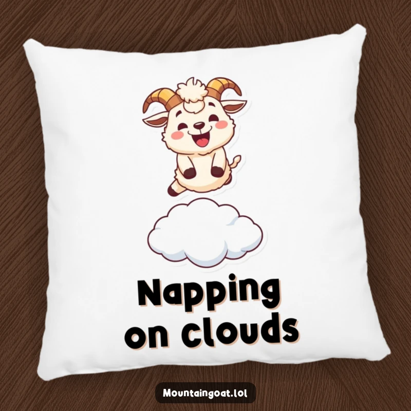 Funny fluffy mountain goat character pillow, leaping over a small cloud with a wide grin, a soft and humorous accent.