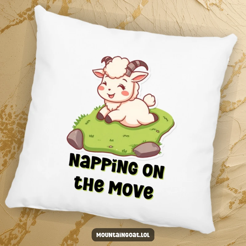 Funny mountain goat on a pillow, sliding down a grassy slope smiling, bringing cozy fun.