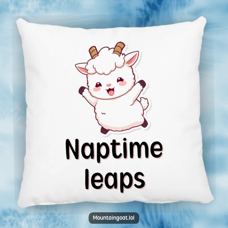 Funny pillow with a fluffy white mountain goat character with tiny horns leaping joyfully, offering comfort and a humorous, uplifting decorative touch.