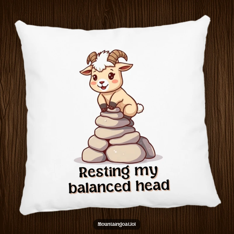 Funny kawaii mountain goat balancing a stack of rocks, printed on a soft and cozy decorative pillow.