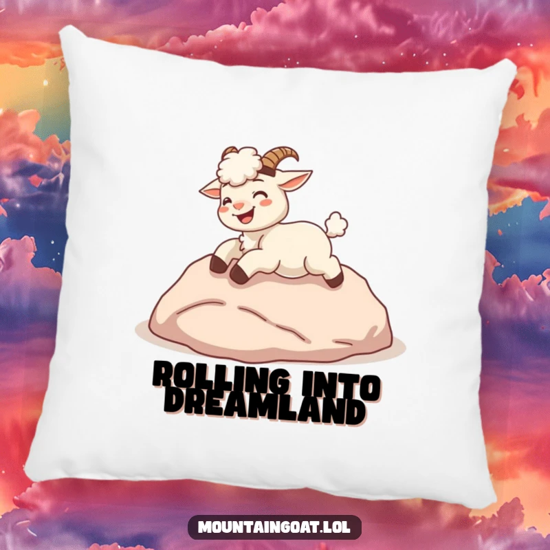 Funny kawaii mountain goat giggling and rolling down a hill, on a soft decorative pillow.