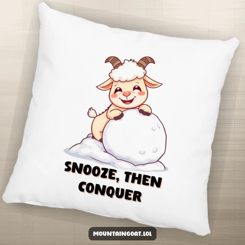 Funny giggling mountain goat playing with a large snowball, depicted on a soft, comfortable pillow for cozy, humorous home decor.