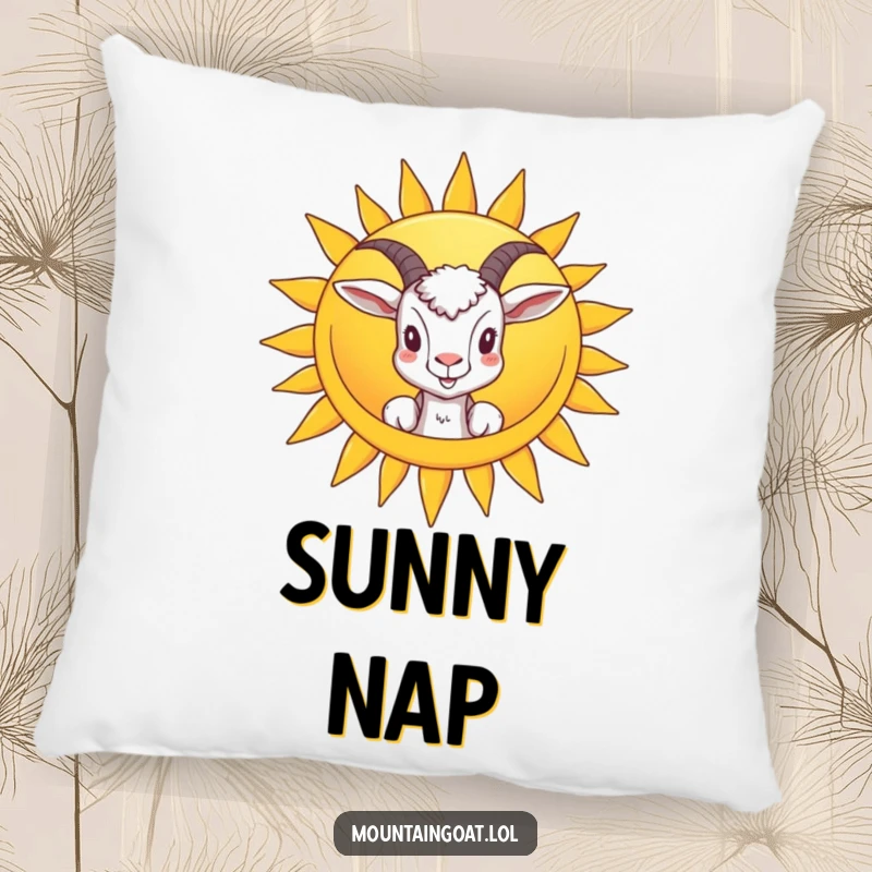 Funny pillow design showing a goat peeking from behind a smiling sun, providing soft comfort and a cheerful, humorous visual.