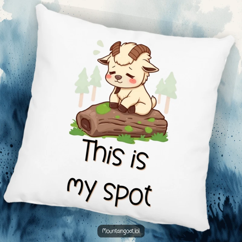 Funny tired mountain goat sighing contentedly on a mossy log, depicted on a soft, cozy pillow for ultimate comfort.