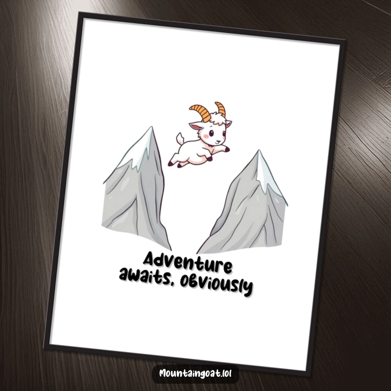 Funny Mountain Goat Digital Art Print: A dynamic kawaii goat leaping between majestic peaks, capturing a moment of whimsical triumph.