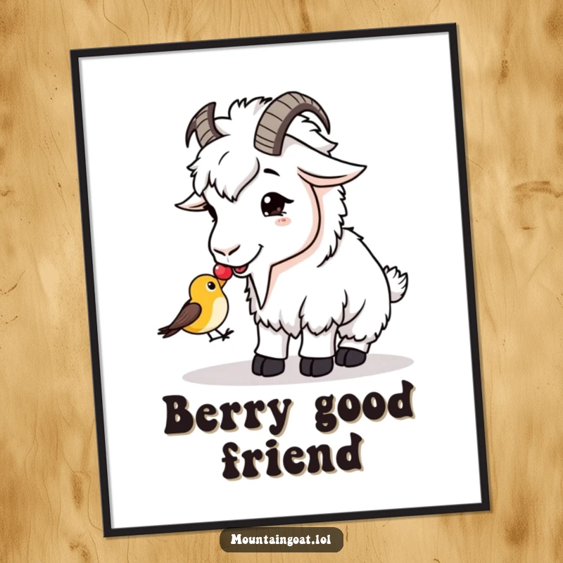 Funny Digital Art: A mountain goat shares a berry with a tiny bird, a sweet and downloadable artwork.