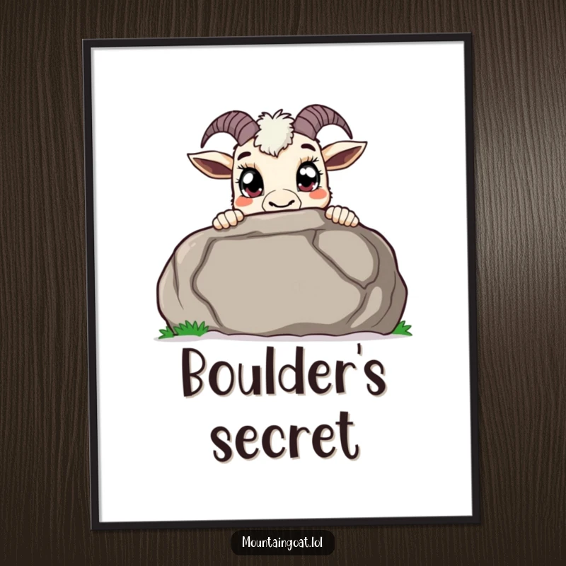 Funny curious mountain goat digital art print, peeking over a large boulder with wide pupils, a downloadable artwork capturing playful curiosity.