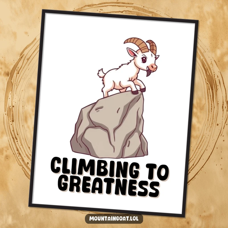 Funny brave mountain goat determinedly scaling a small cliff face, presented as a downloadable digital art print for inspiration.