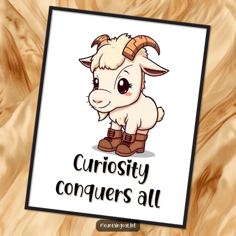 Kawaii mountain goat in digital art print, wearing tiny hiking boots, looking curiously at the viewer.