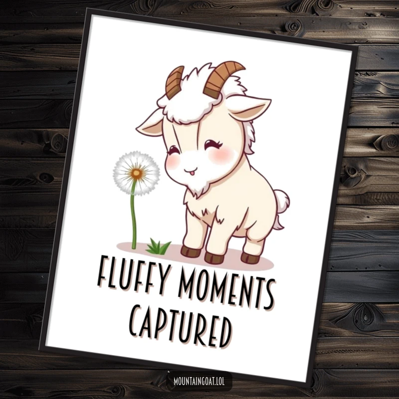 Funny Goat Dandelion Digital Art Print: A kawaii goat playfully headbutting a fluffy dandelion, creating a scene of charming humor.
