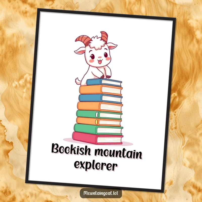 Funny determined mountain goat character digital art print, cheerfully climbing a stack of oversized books, bringing instant motivation.