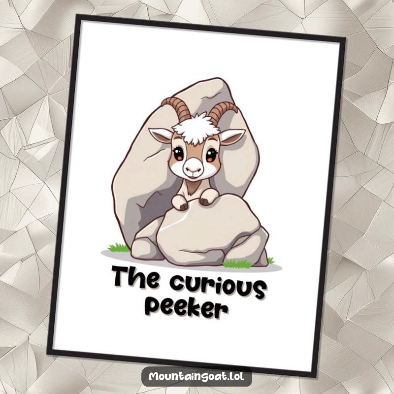 Funny Curious Goat Digital Art Print: A high-resolution digital artwork of a curious mountain goat peeking from behind a large rock.