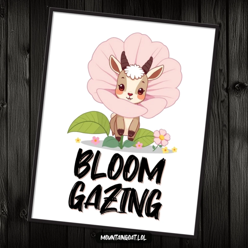 Funny mountain goat peeking out from behind a giant blooming flower, as a downloadable digital art print for instant decor.