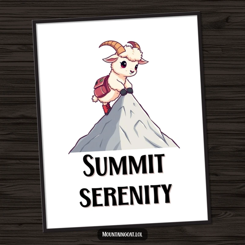 Funny digital art print of a kawaii mountain goat in hiking boots reaching a peak, a humorous and inspiring piece.