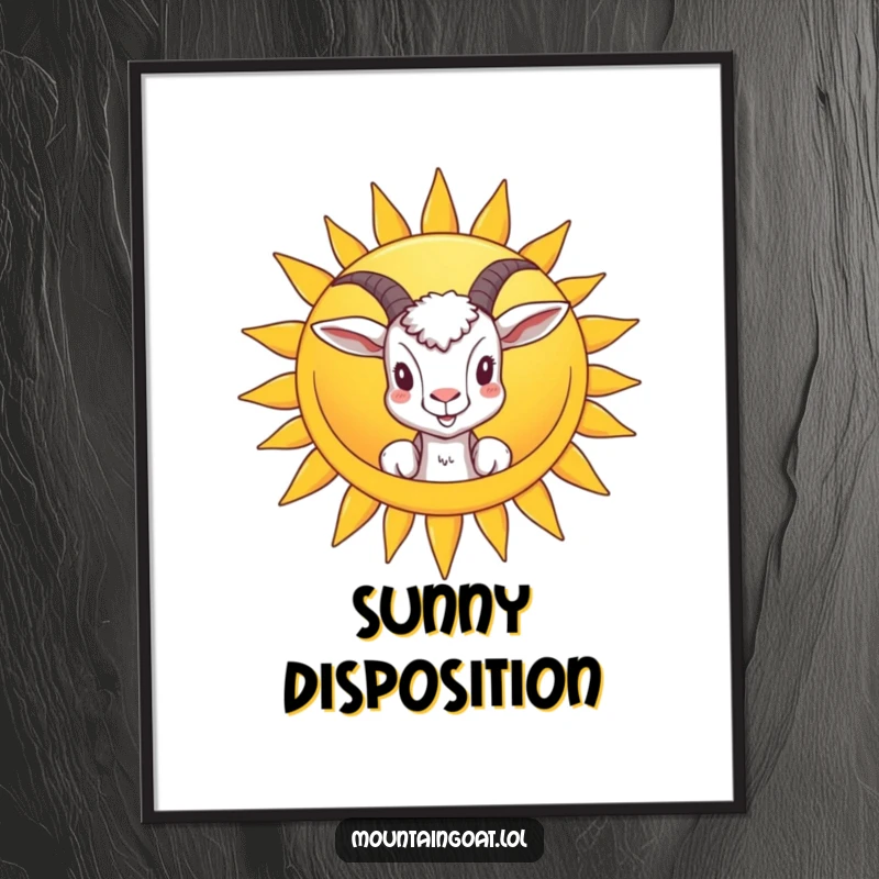 Funny digital art print of a goat peeking from behind a smiling sun, instantly downloadable art for cheerful and humorous decoration.