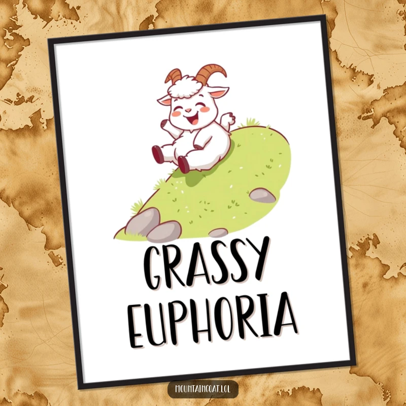 Funny joyous mountain goat digital art print, playfully sliding down a gentle grassy slope, a downloadable artwork capturing pure joy.