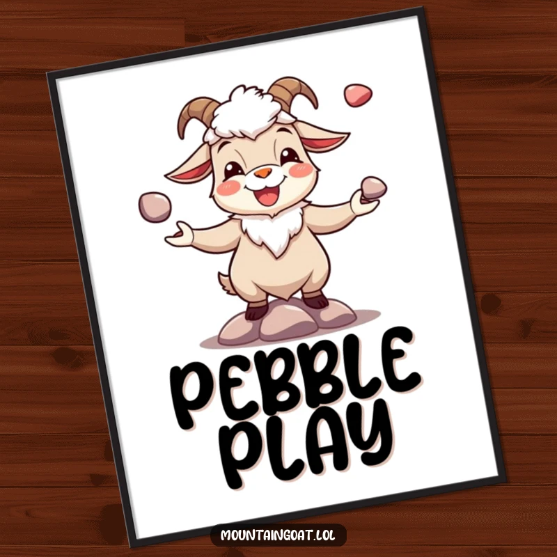 Funny joyous mountain goat juggling shiny pebbles, as a downloadable digital art print for instant decor.