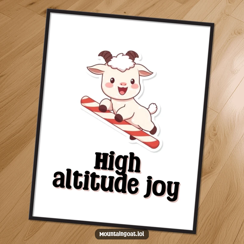 Funny kawaii mountain goat with rosy cheeks performing a whimsical leap over a candy cane, ready as a digital art print.