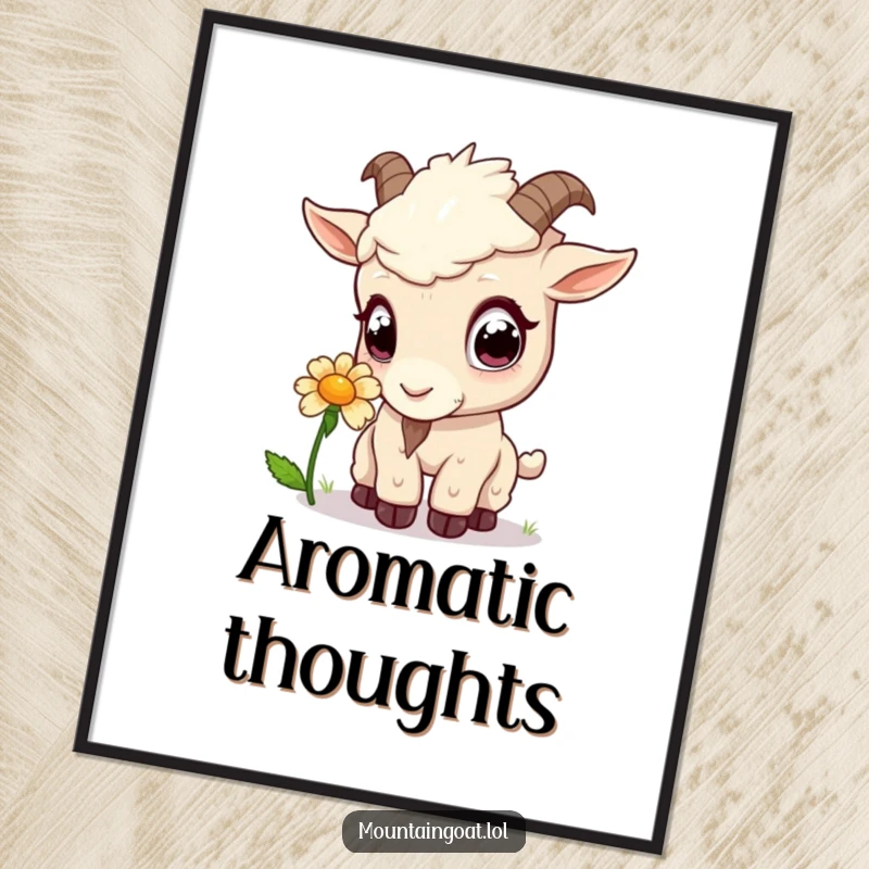 Funny kawaii mountain goat with wide eyes sniffing a flower, available as a downloadable digital art print.