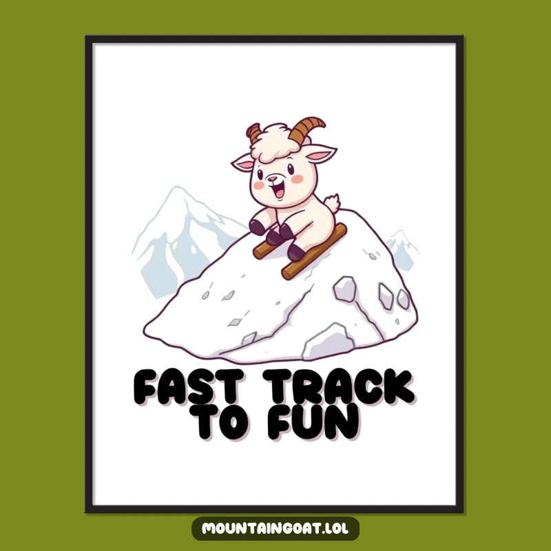 Funny Kawaii Goat Snow Slide Digital Art - Instant Winter Decor Gift