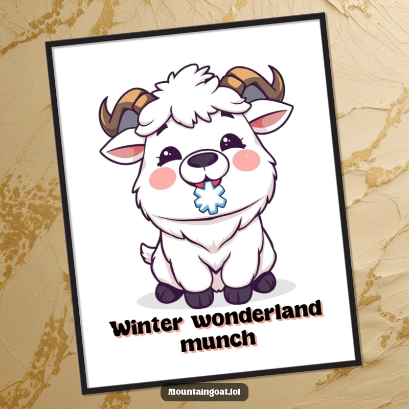 Funny Kawaii mountain goat joyfully catches a snowflake on its tongue, an instant digital download for humorous winter decor.