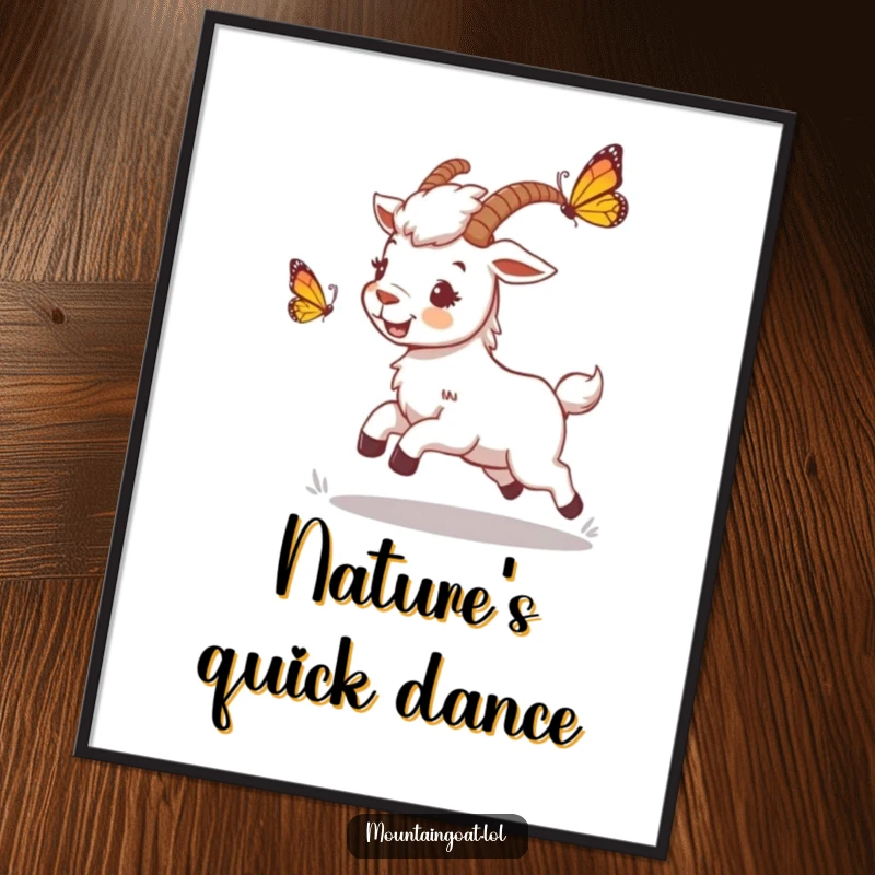 Funny mountain goat digital art print of a playful character chasing a butterfly, conveying whimsy and lighthearted fun for instant decor.