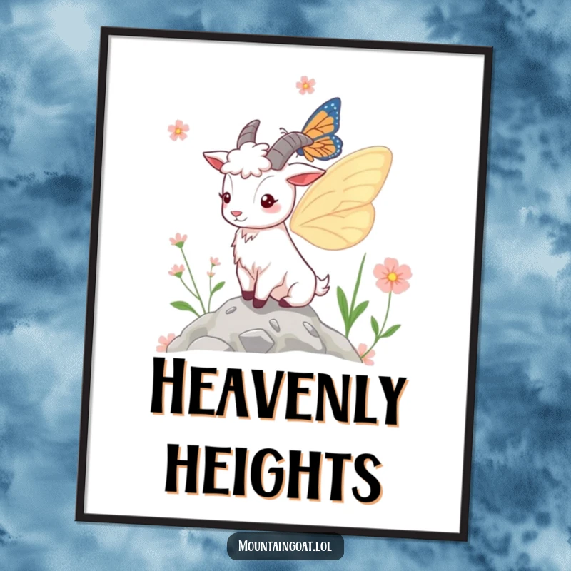 Funny Digital Art Print: A high-resolution image of a mountain goat with ethereal butterfly wings, fluttering near alpine flowers, celebrating whimsical art.