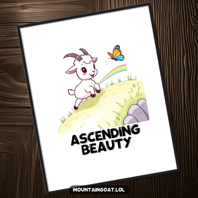 Funny mountain goat chase digital art, a goat joyfully leaping after a rainbow butterfly, capturing a moment of pure natural delight.