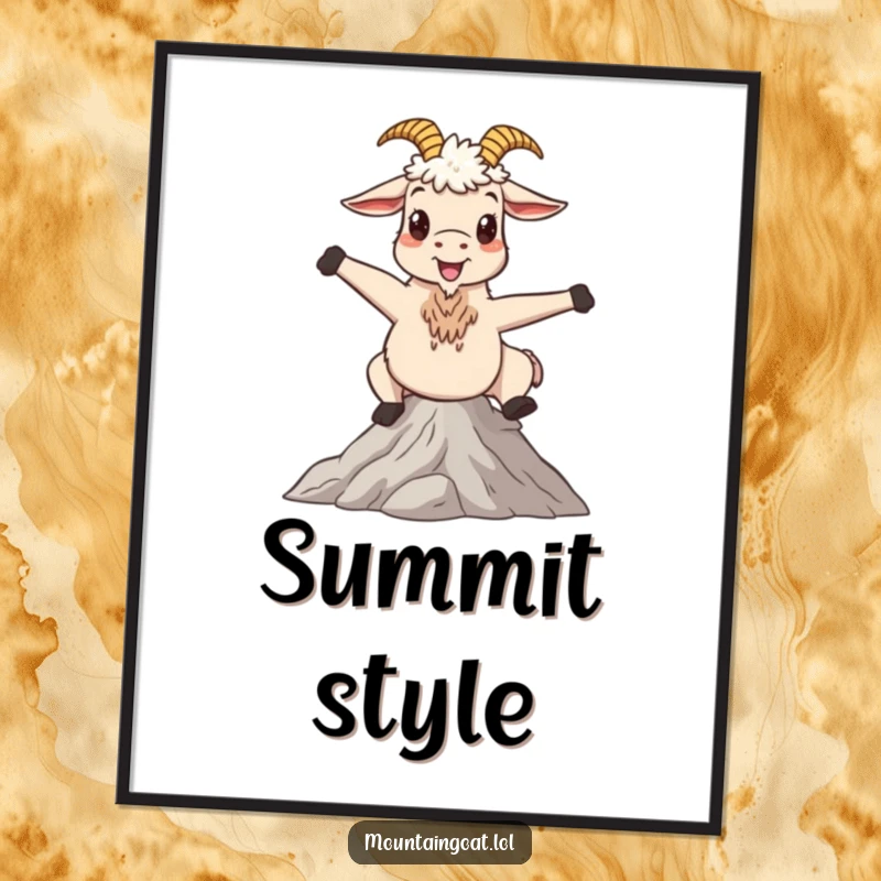 Funny mountain goat digital art print, a character striking a whimsical pose on a serene peak, delivering instant peace and joy.