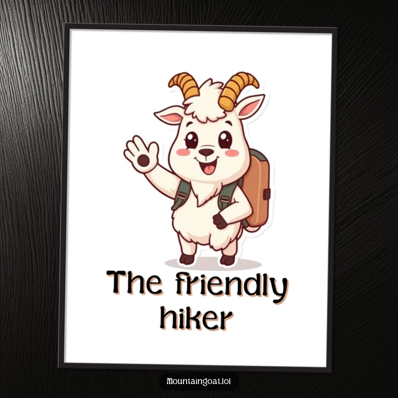 Funny mountain goat digital art print features a cheerful goat character with a backpack, smiling and waving for friendly decor.