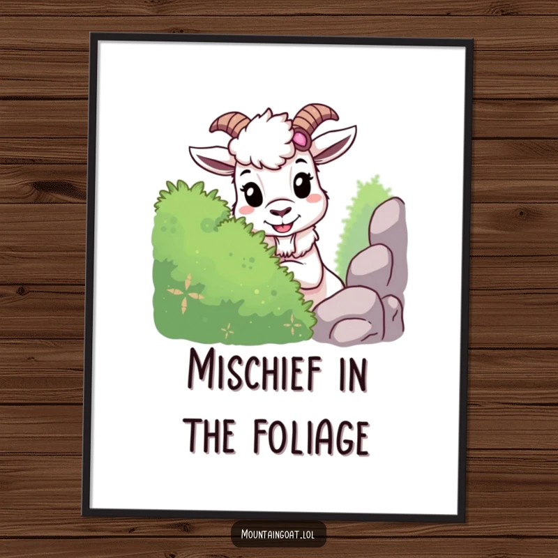 Funny mountain goat digital art print of a mischievous goat playing hide-and-seek behind a bush, offering a humorous and playful visual.