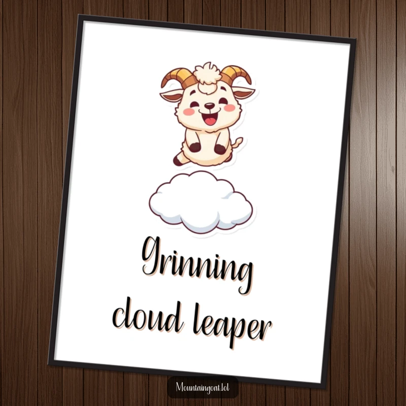 Funny fluffy mountain goat character digital art print, leaping over a tiny cloud with a wide grin, bringing instant joy.